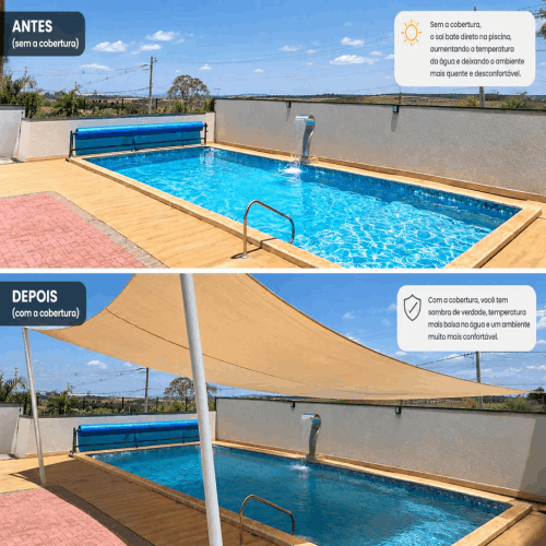 Tela sombrite em vela para piscina, antes e depois de instalado
